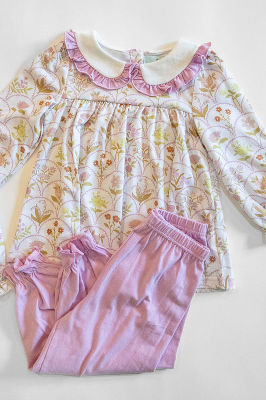 Scalloped Floral Collared Pants Set