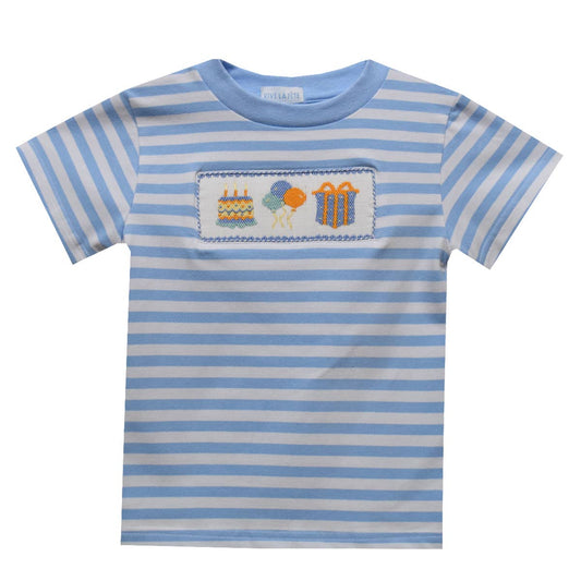 Birthday Smocked Light Blue Stripes Knit Short Sleeve Tshirt