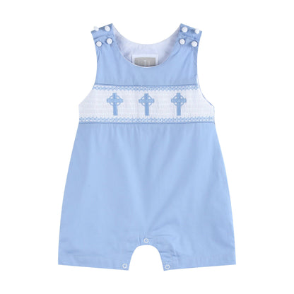 Periwinkle Blue Crosses Smocked Shortalls