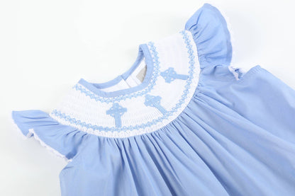 Periwinkle Blue Crosses Smocked Bloomer Set