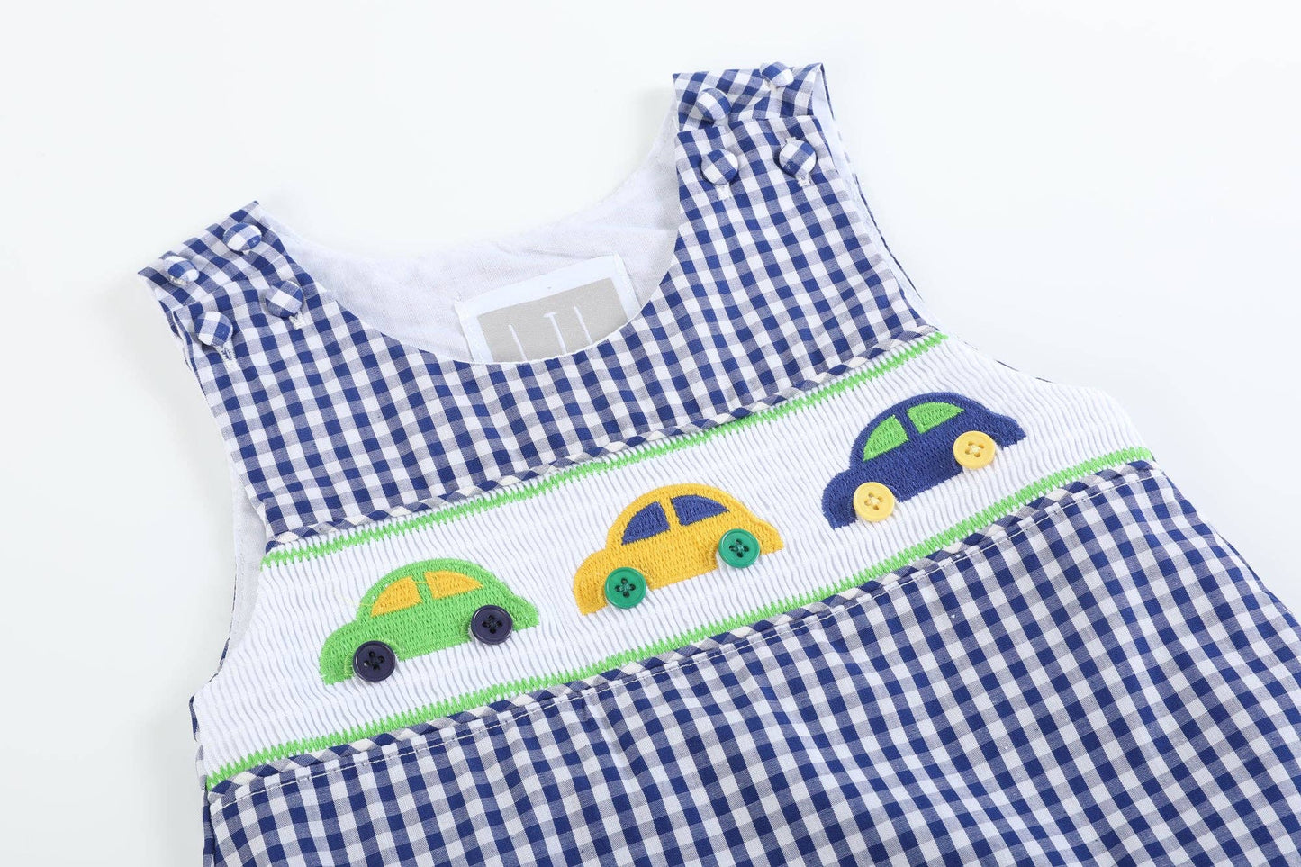 Blue Striped Car Smocked Shortalls