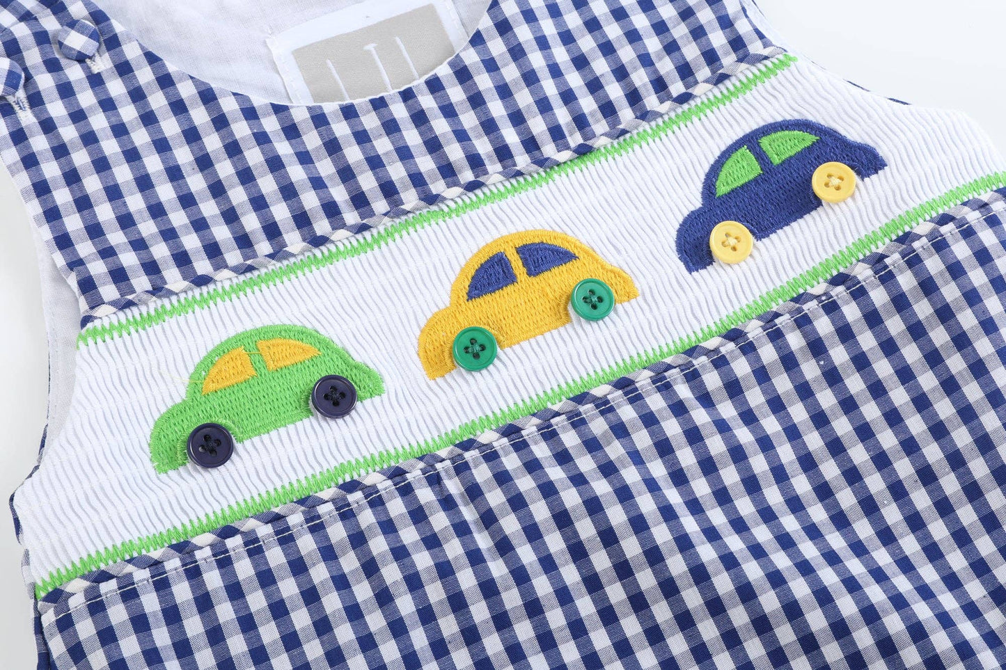 Blue Striped Car Smocked Shortalls