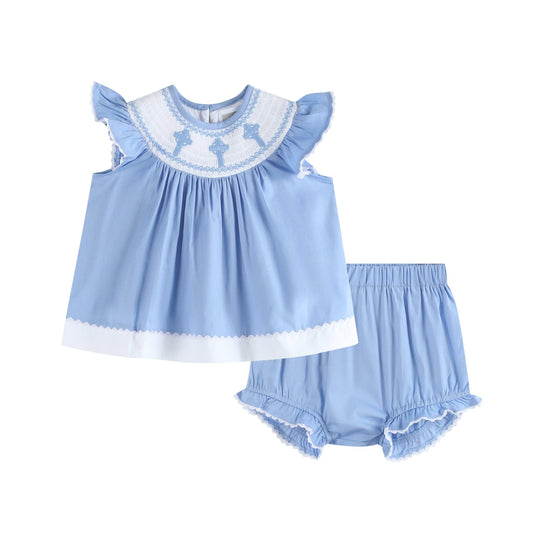 Periwinkle Blue Crosses Smocked Bloomer Set